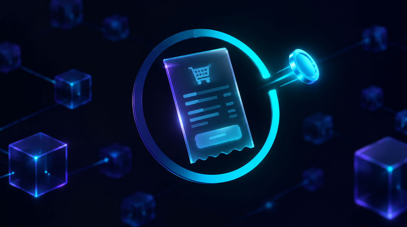 A translucent checkout invoice inside a nearly depleted circular countdown ring in cyan, with a single glowing coin arriving just outside the closing edge of the ring, against faint blockchain blocks at irregular spacing