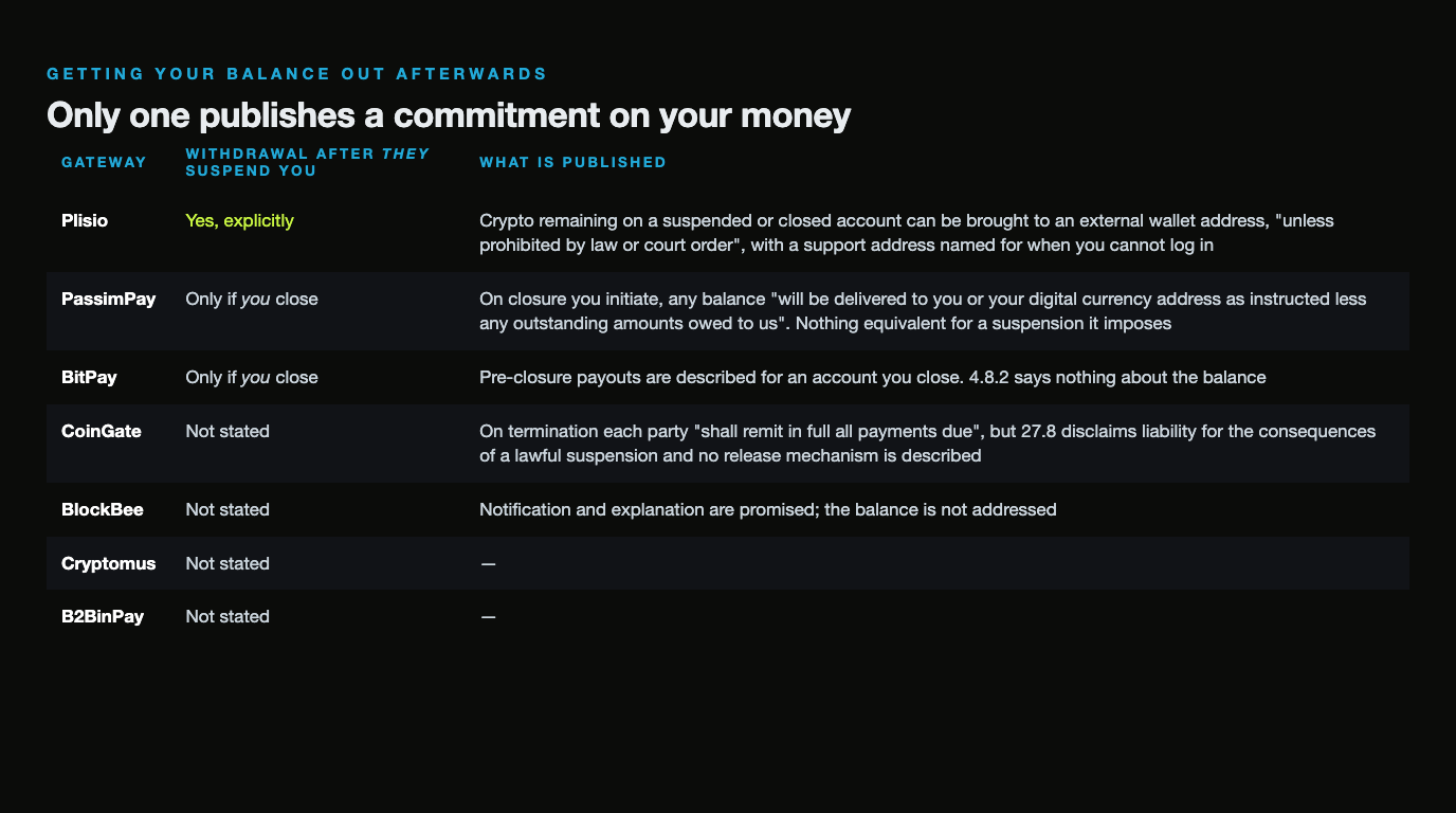 Table of what each gateway publishes about withdrawing a balance after it suspends you: Plisio explicitly allows remaining crypto to be sent to an external wallet unless prohibited by law or court order, PassimPay and BitPay describe payouts only for a closure you initiate yourself, and CoinGate, BlockBee, Cryptomus and B2BinPay do not state anything