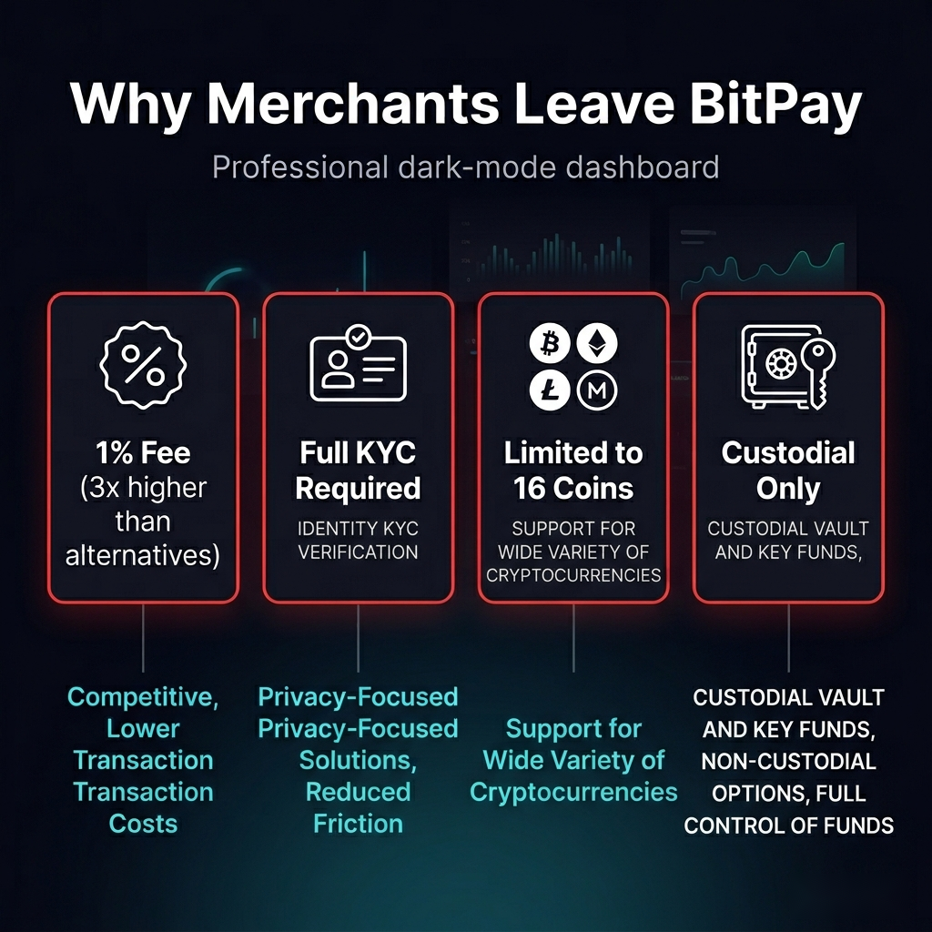 4 reasons merchants leave BitPay: 1% fee, full KYC, limited coins, custodial only