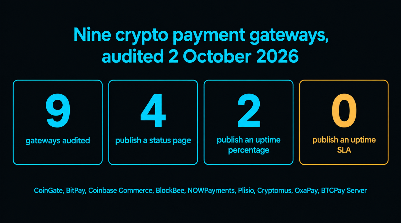 Four tiles: 9 gateways audited, 4 publish a status page, 2 publish an uptime percentage, 0 publish an uptime SLA, over a list naming CoinGate, BitPay, Coinbase Commerce, BlockBee, NOWPayments, Plisio, Cryptomus, OxaPay and BTCPay Server