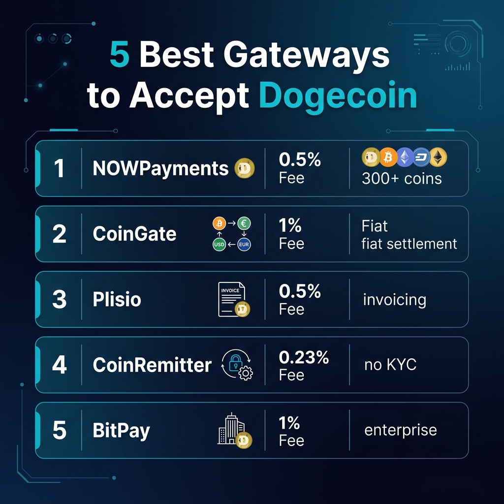 Top 5 gateways to accept Dogecoin payments ranked by fee