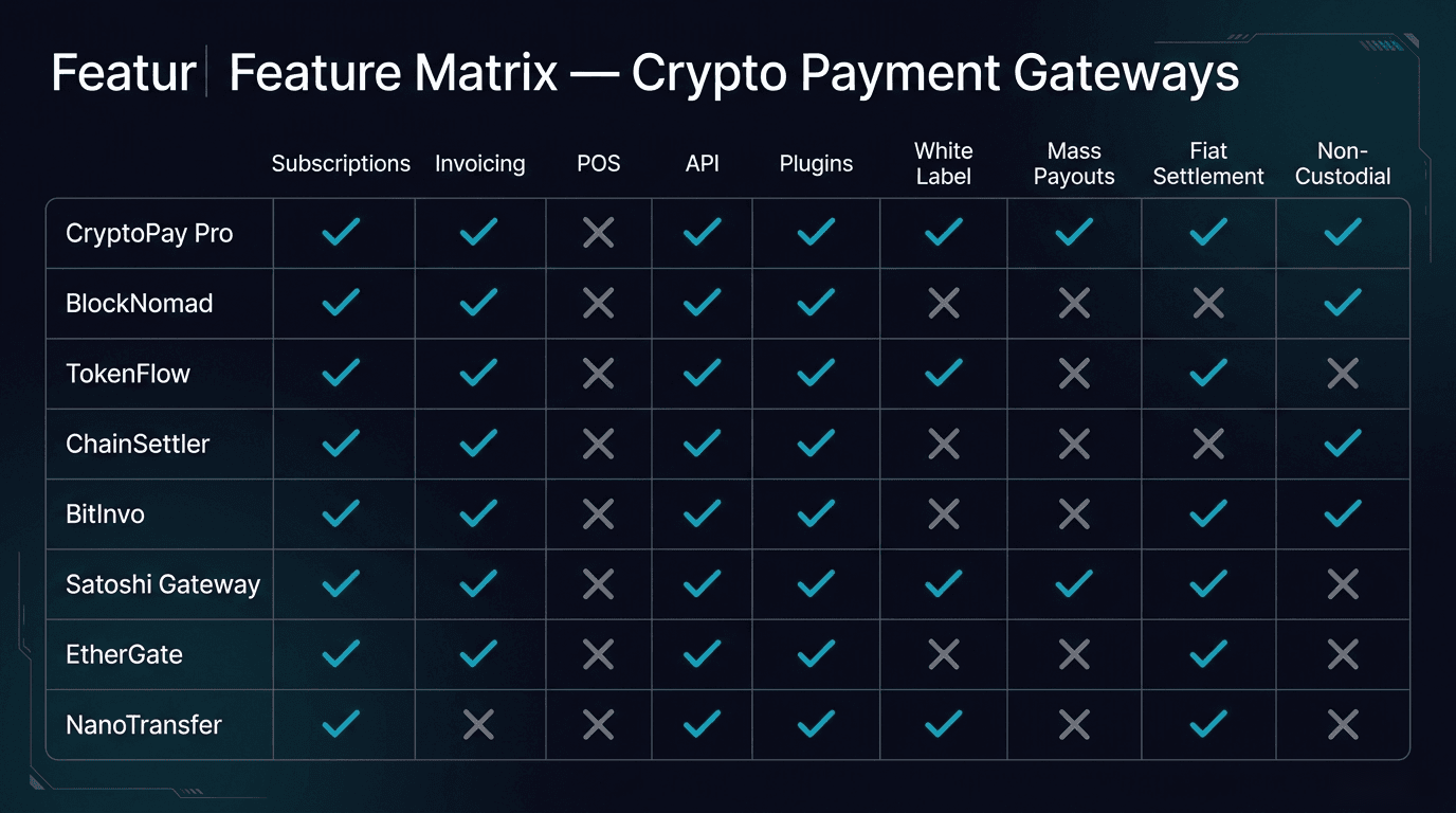 Feature matrix comparing crypto payment gateway capabilities