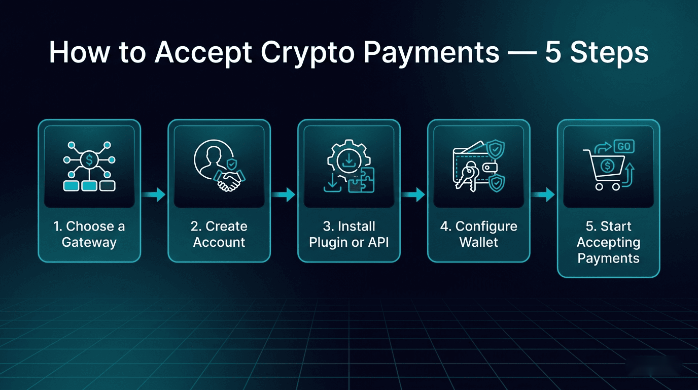 5-step flowchart showing how to accept crypto payments