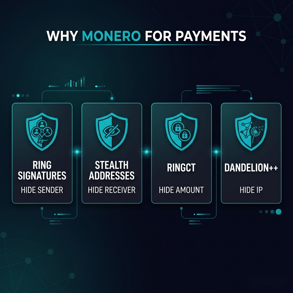 Monero privacy features: ring signatures, stealth addresses, RingCT, Dandelion++