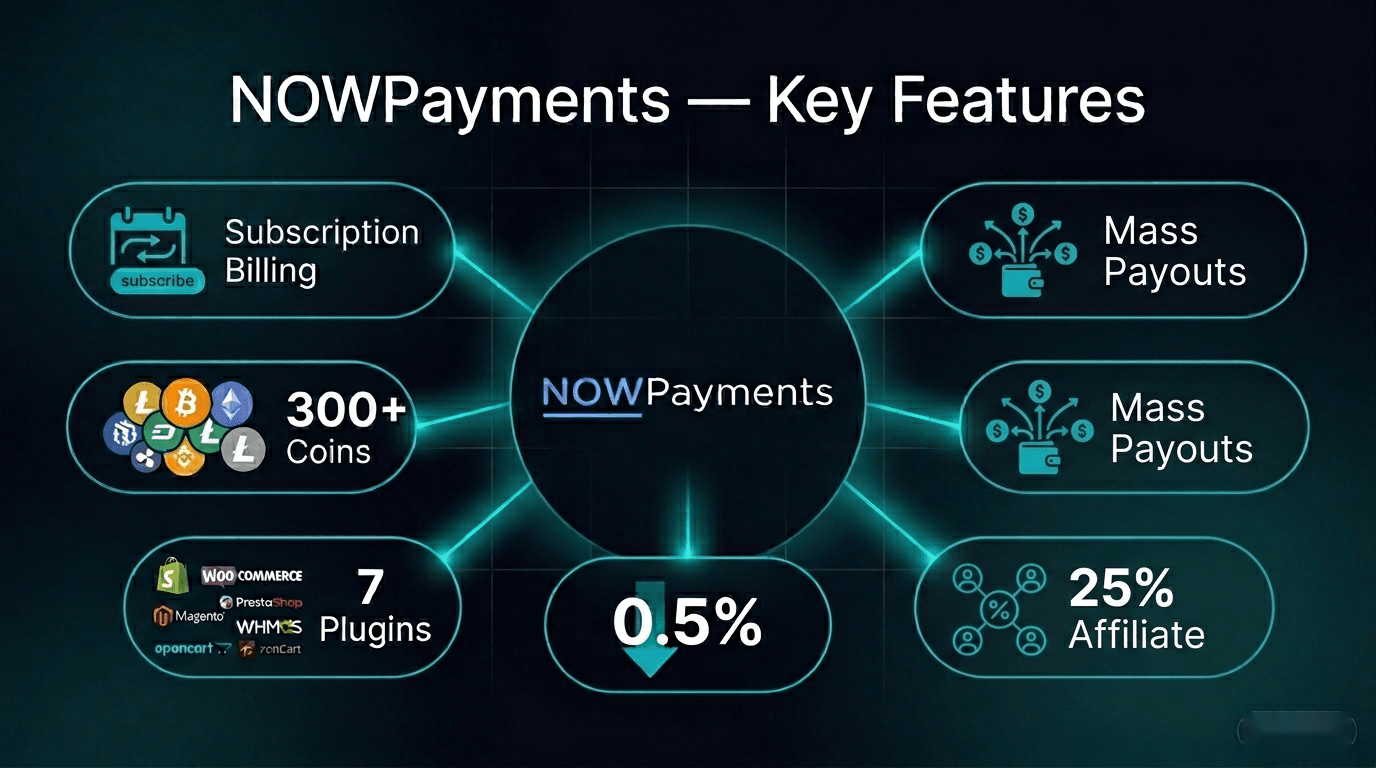 NOWPayments key features - 300+ coins, subscriptions, mass payouts