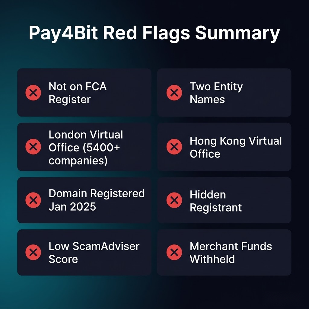 Pay4Bit red flags summary: Not on FCA Register, two entity names, virtual offices, hidden registrant, low trust score, merchant funds withheld