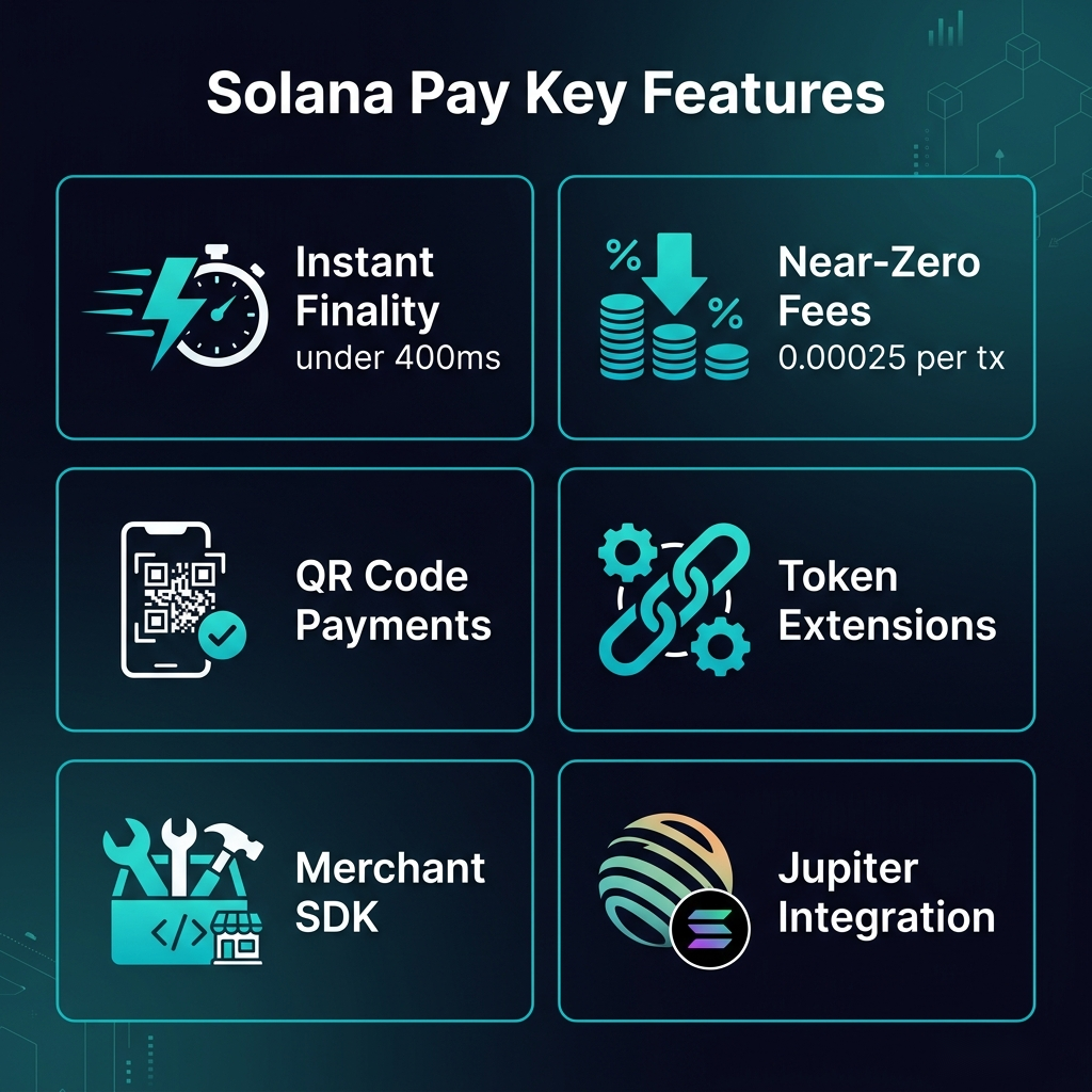 Solana Pay features: instant finality, near-zero fees, QR payments, token extensions, merchant SDK
