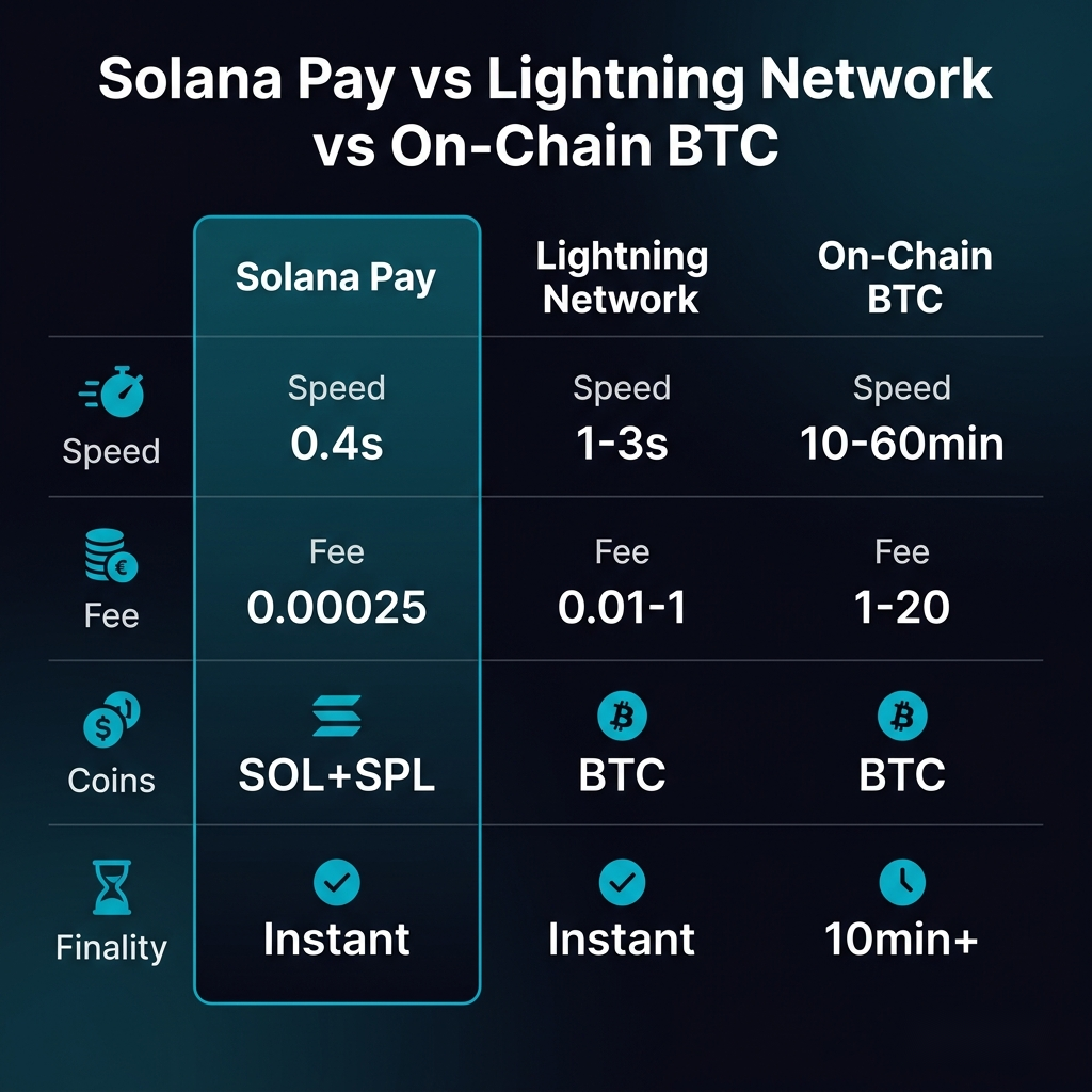 Solana Pay vs Lightning Network comparison: speed, fees, coins, finality