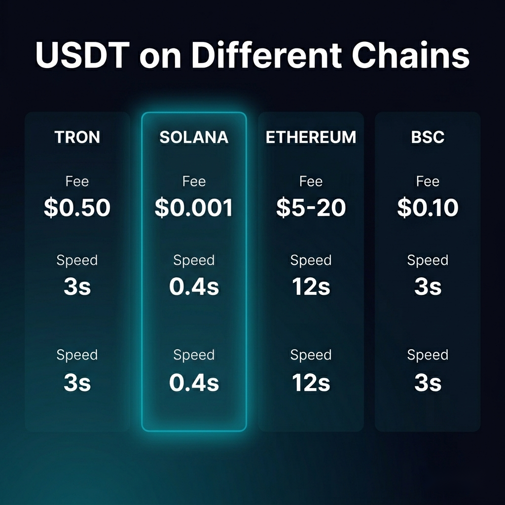 USDT on different chains: Tron, Solana, Ethereum, BSC compared by fee and speed
