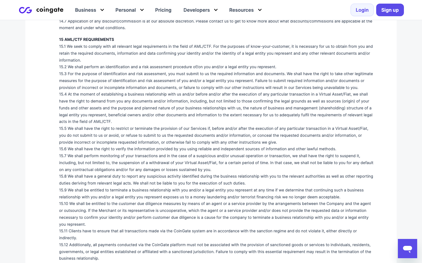 Screenshot of CoinGate's Merchant Terms of Services section 15 on AML and CTF requirements, with clause 15.7 reading that on a suspicious or unusual transaction CoinGate has the right to suspend it, including the suspension of a withdrawal of your Virtual Asset or Fiat, for a certain period of time, and that it shall not be liable for any default on contractual obligations or for damages or losses sustained