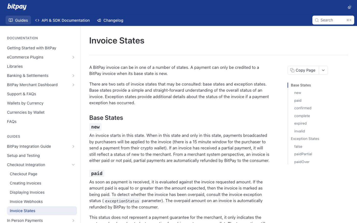 BitPay Invoice States documentation page stating that an invoice starts in the new state and that there is a 15 minute window for the purchaser to send a payment from their crypto wallet