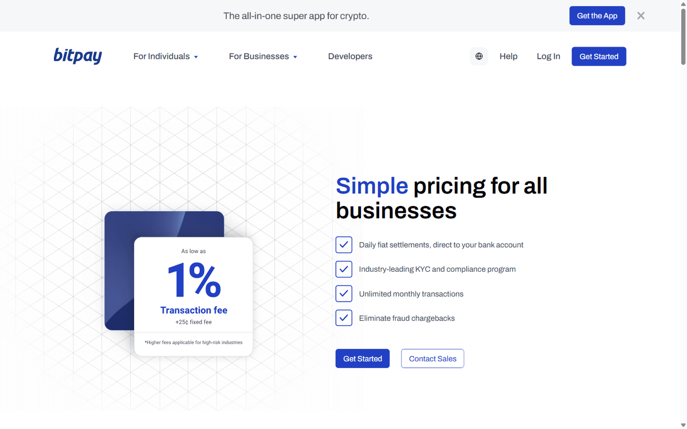 BitPay pricing page showing 1% transaction fee