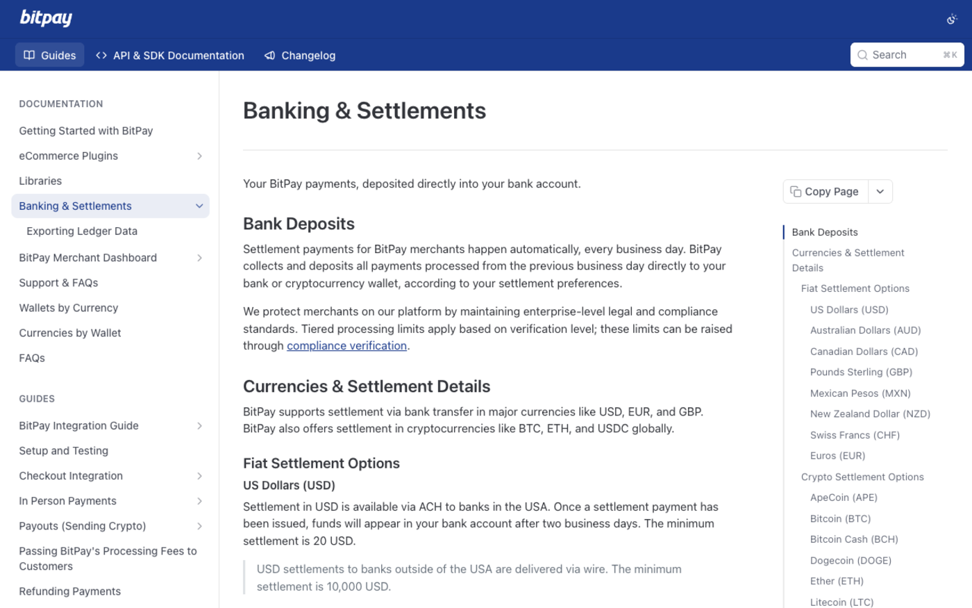 BitPay Banking and Settlements documentation page listing fiat settlement options US Dollars, Australian Dollars, Canadian Dollars, Pounds Sterling, Mexican Pesos, New Zealand Dollar, Swiss Francs and Euros, alongside crypto settlement options beginning ApeCoin, Bitcoin, Bitcoin Cash, Dogecoin, Ether and Litecoin