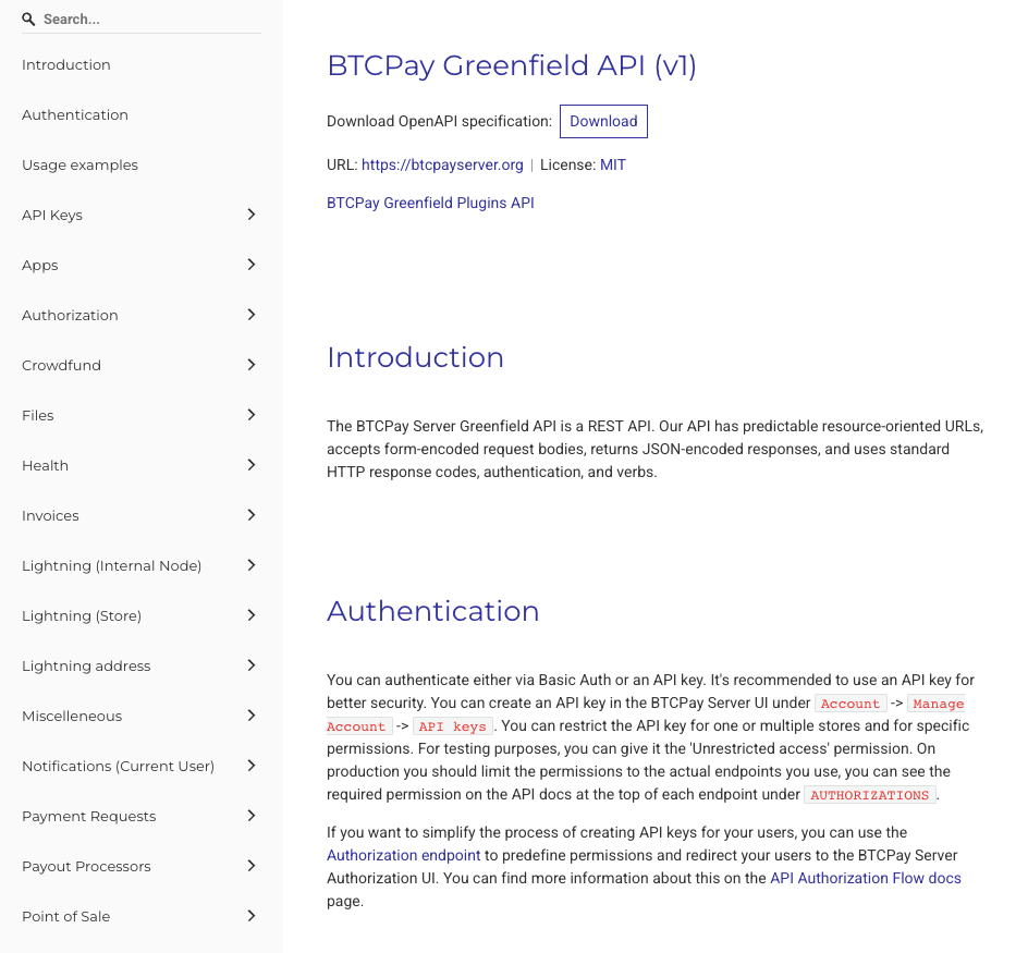 Screenshot of the BTCPay Greenfield API version 1 documentation introduction, stating that the API is a REST API with predictable resource oriented URLs that returns JSON encoded responses and uses standard HTTP response codes, authentication and verbs