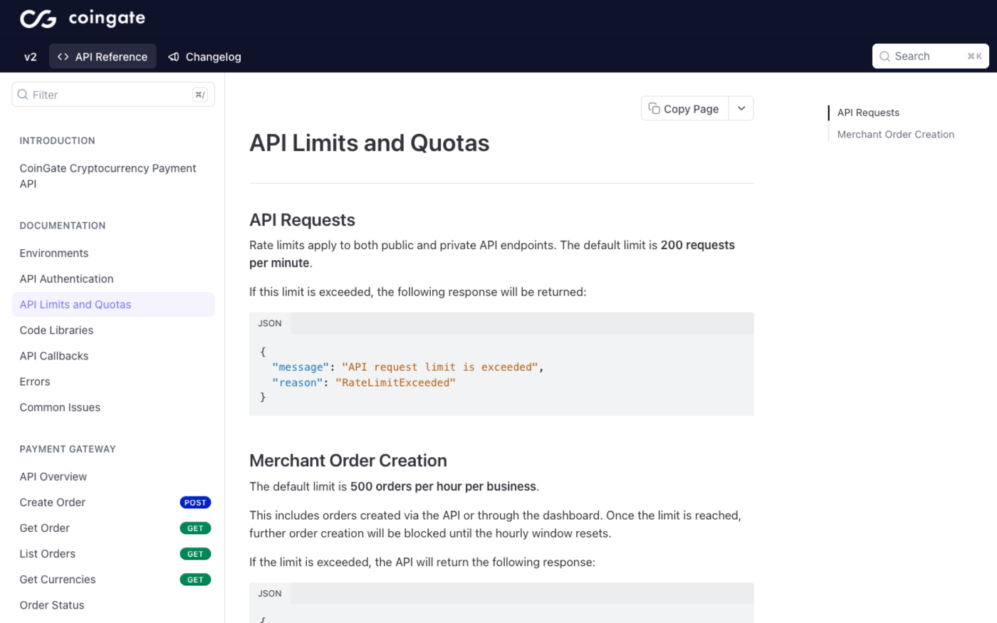 Screenshot of CoinGate's API Limits and Quotas page stating that rate limits apply to both public and private API endpoints with a default limit of 200 requests per minute, showing the refusal JSON with message API request limit is exceeded and reason RateLimitExceeded, and a Merchant Order Creation section giving a default limit of 500 orders per hour per business