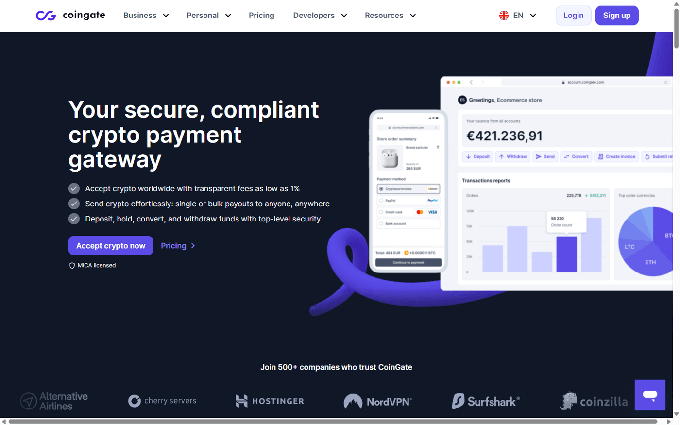 CoinGate homepage - EU-regulated crypto payment gateway
