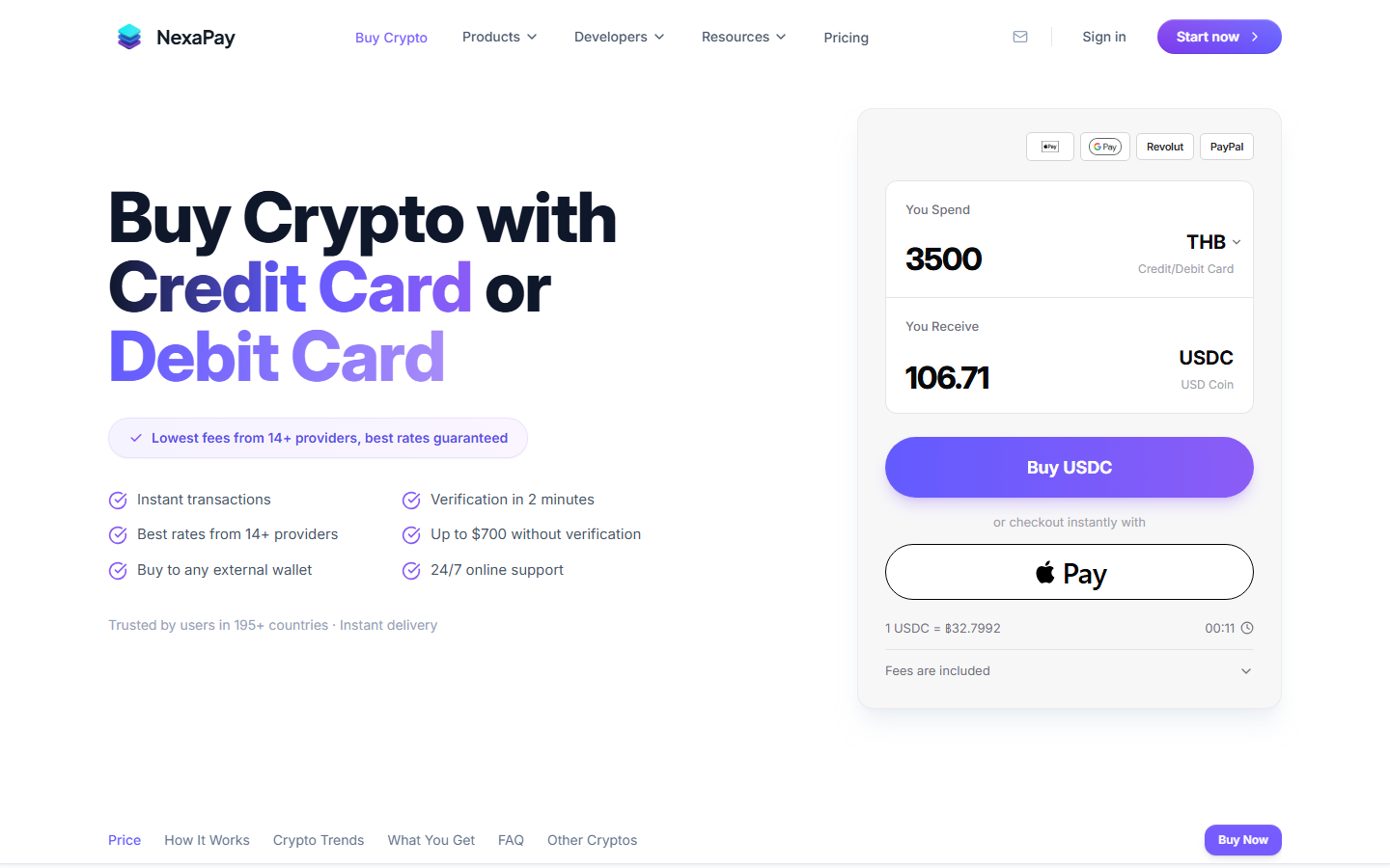 NexaPay homepage showing its consumer buy-crypto widget with card, Apple Pay, Google Pay, Revolut and PayPal options