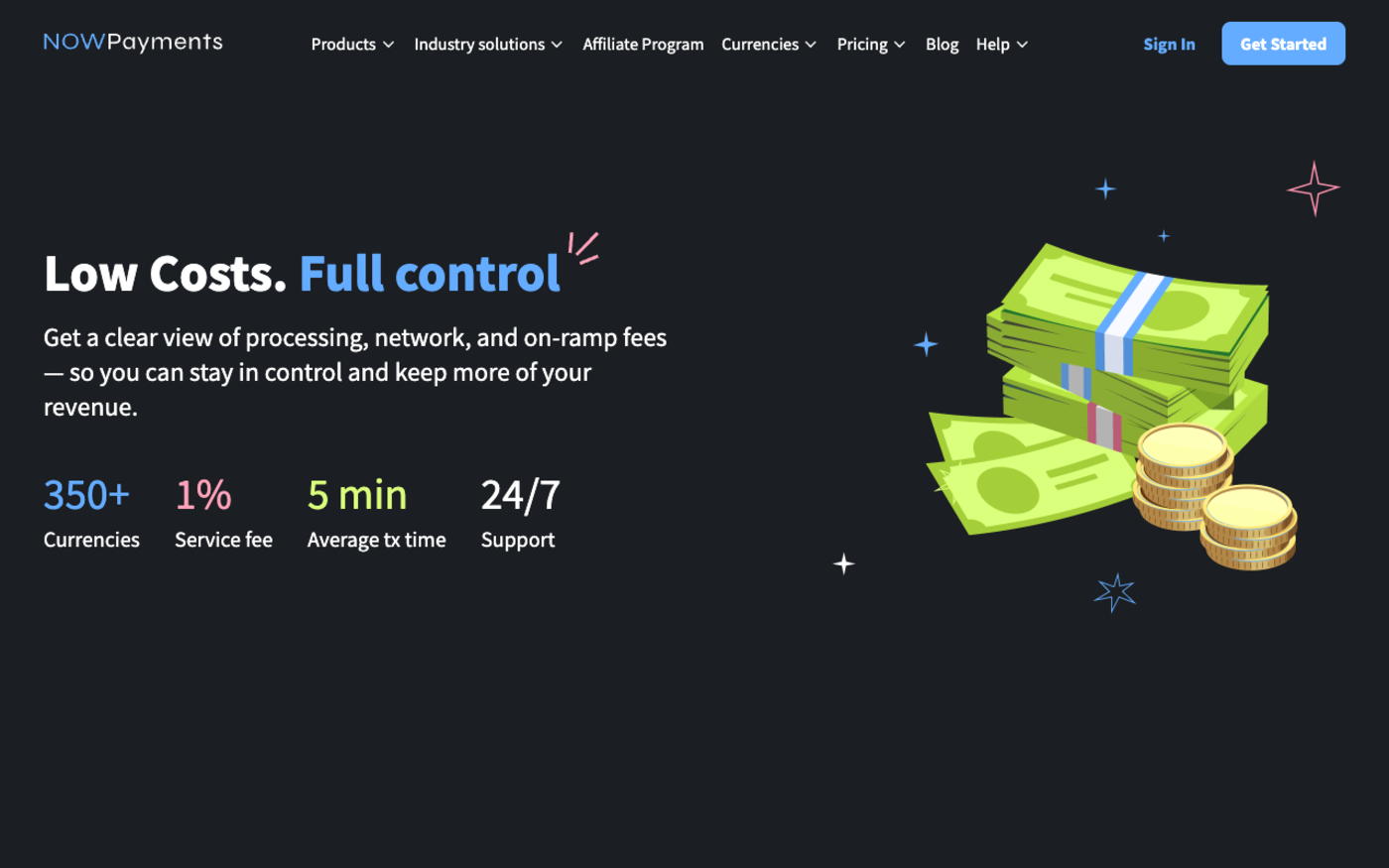 NOWPayments pricing page showing a headline service fee of 1 per cent alongside 350 plus currencies and a 5 minute average transaction time