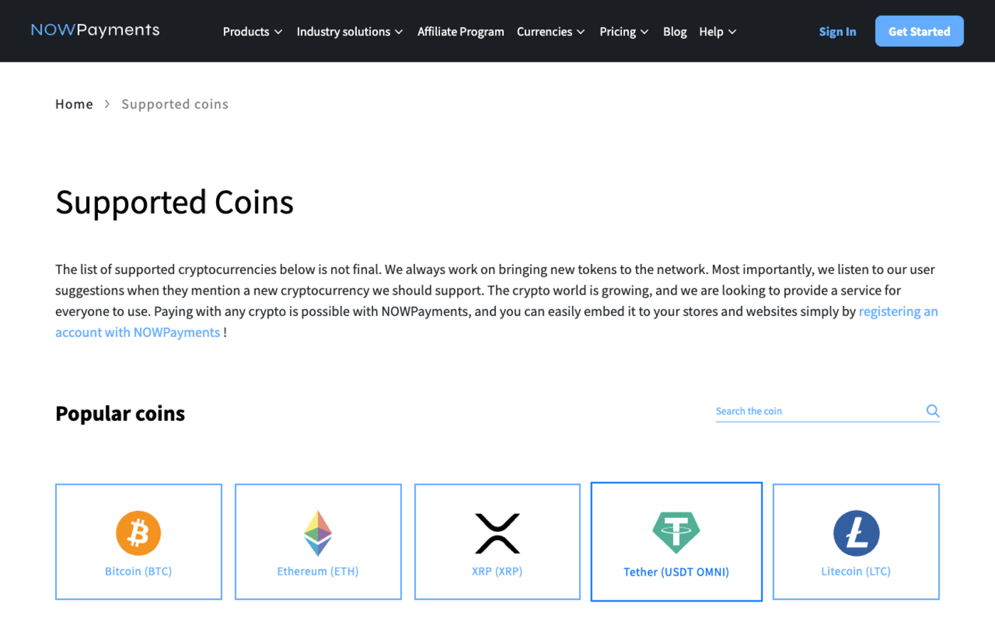 NOWPayments Supported Coins page stating that the list of supported cryptocurrencies below is not final and that the company always works on bringing new tokens to the network, above a Popular coins grid showing Bitcoin, Ethereum, XRP, Tether USDT OMNI and Litecoin