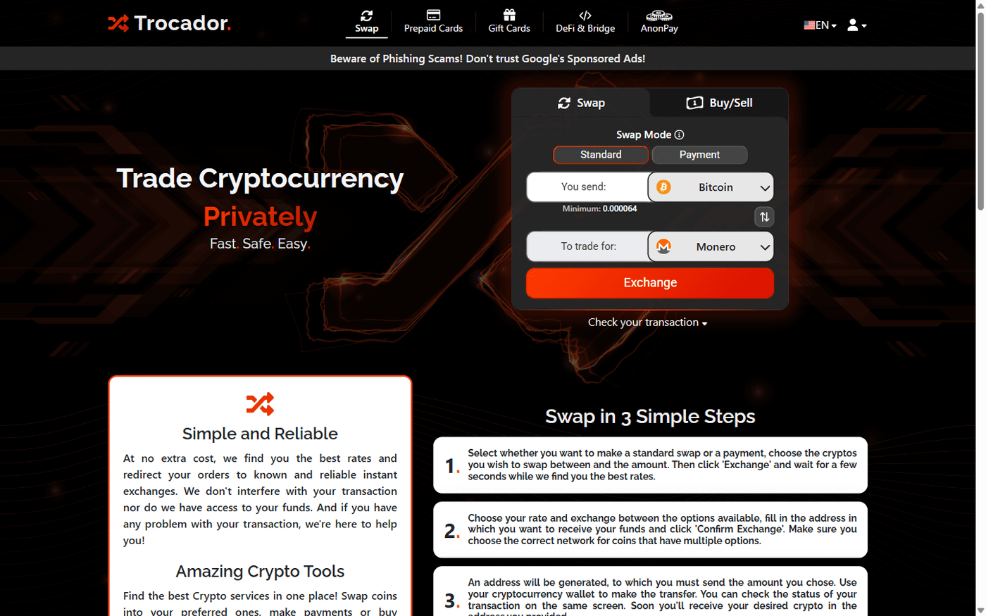 Trocador homepage with the swap form, Standard and Payment swap modes, and the AnonPay tab in the top navigation